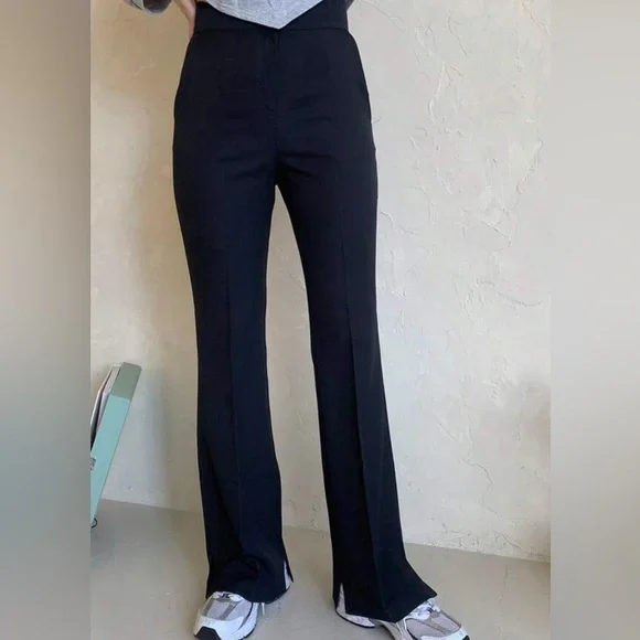 High-Waisted Black Flared Pants with Front Slit - Picture 1 of 4